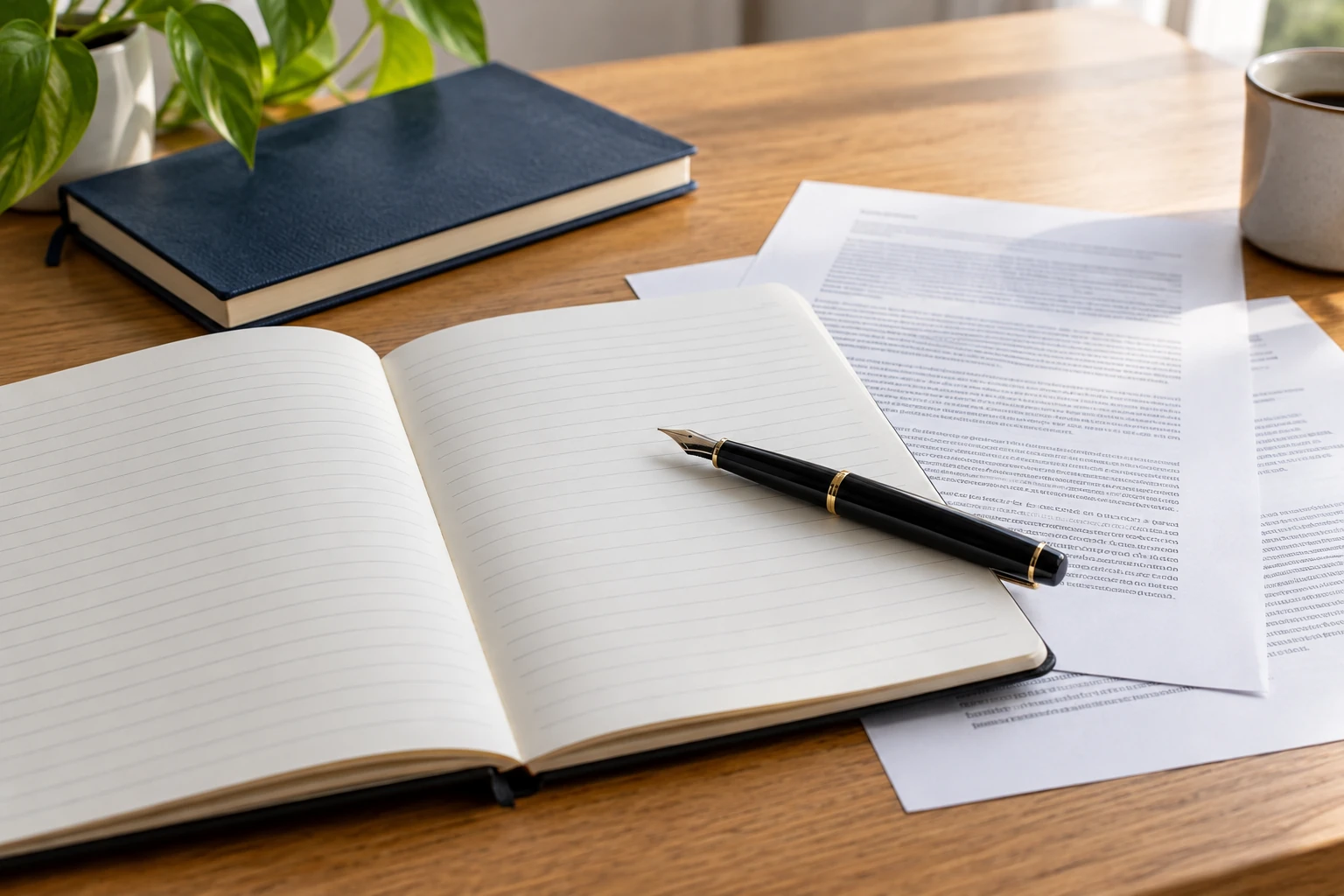 Libreta y pluma sobre documentos