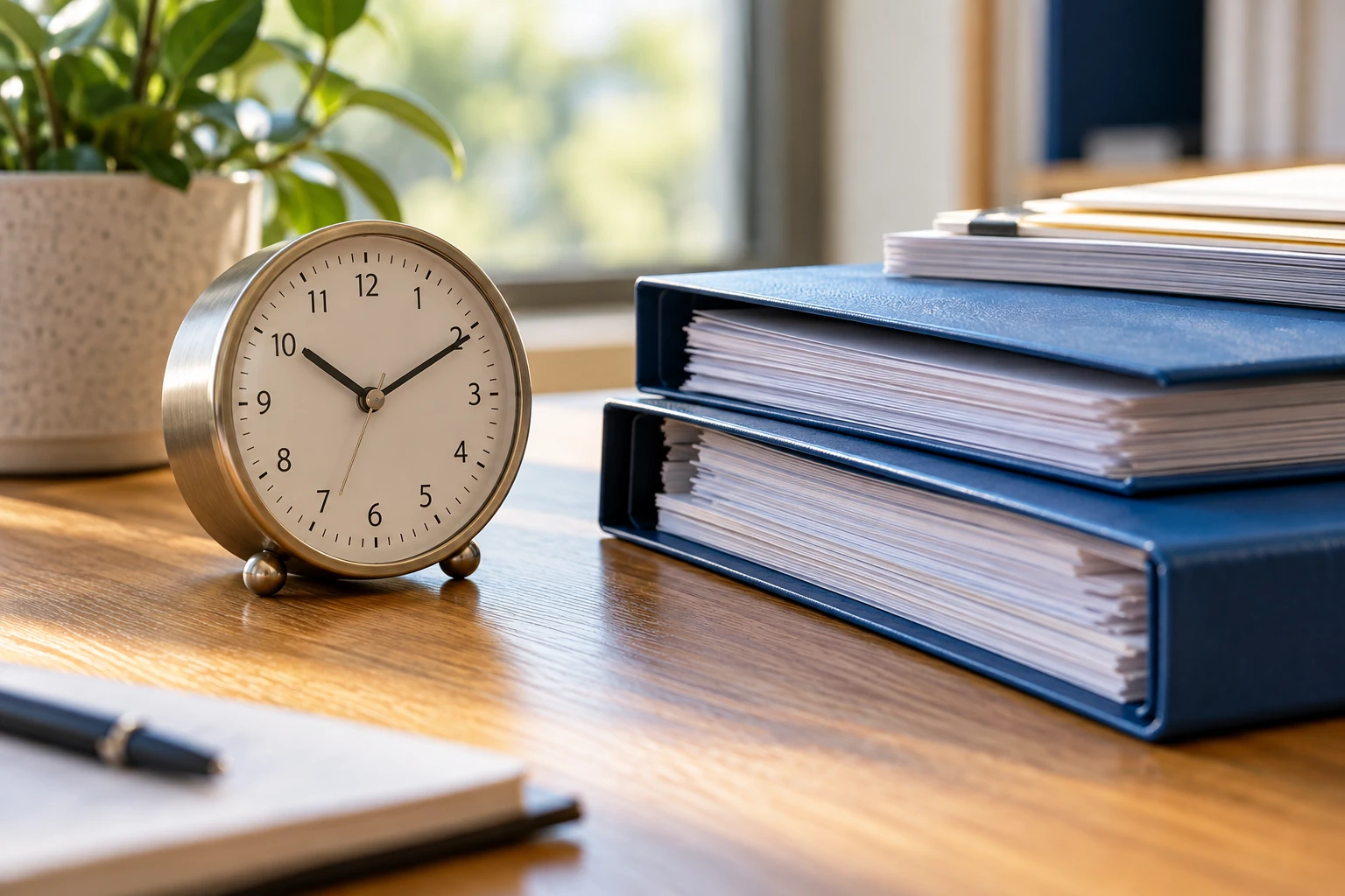 Reloj de escritorio junto a expedientes