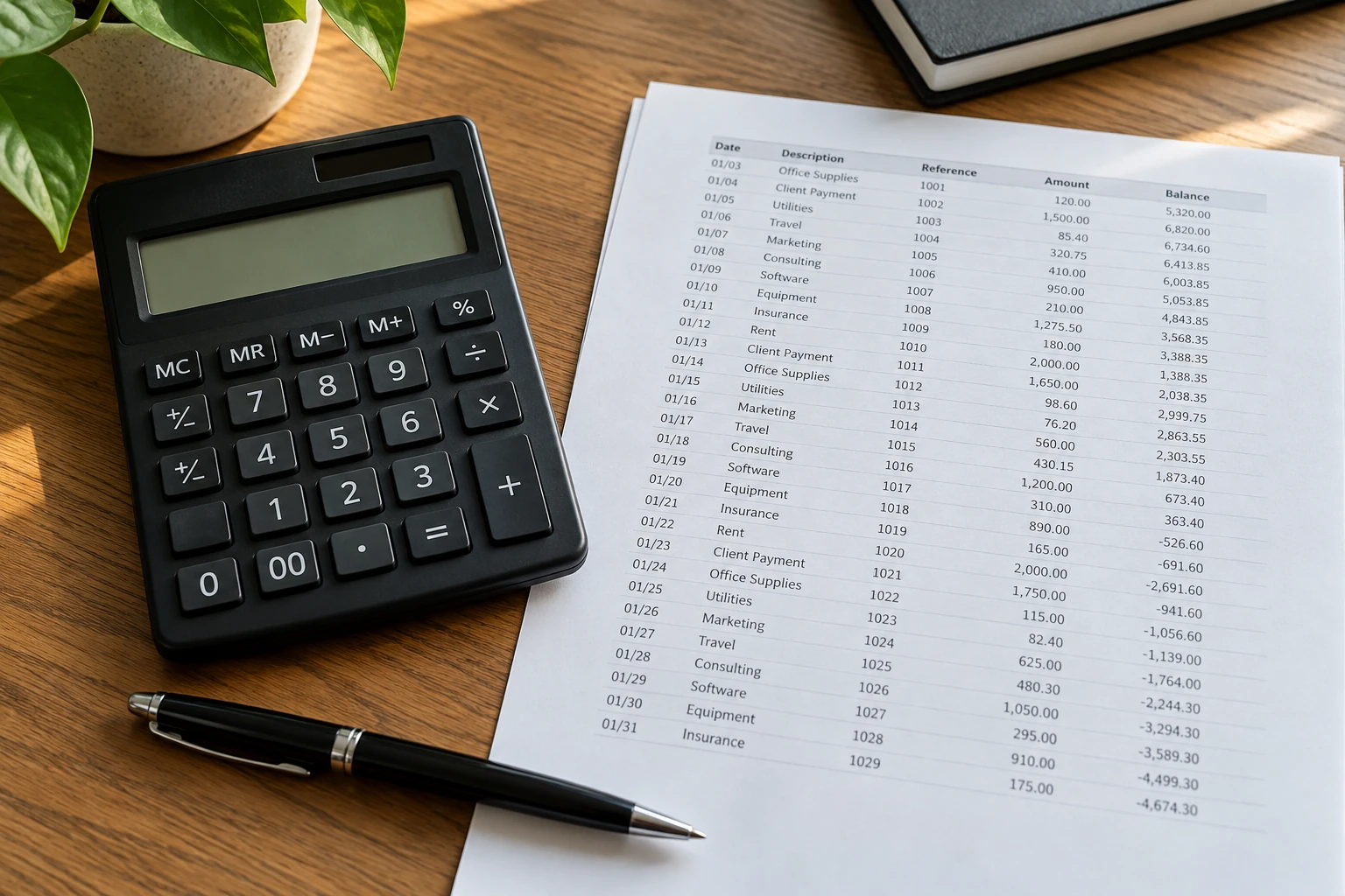 Calculadora de escritorio y hoja de cálculo impresa