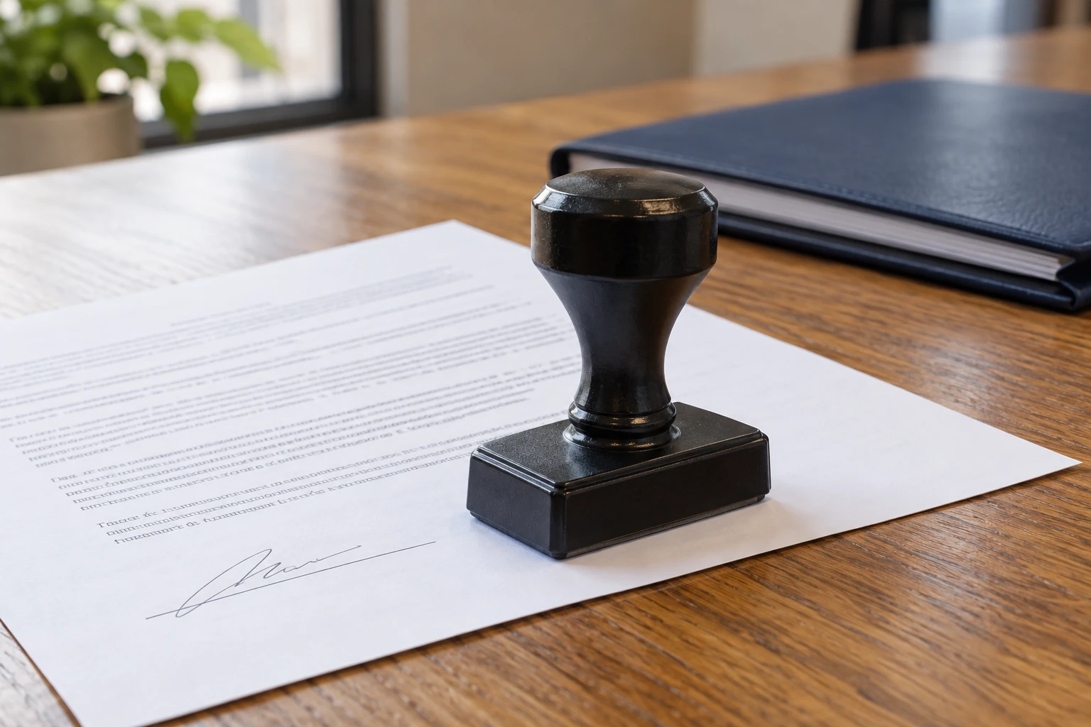 Sello de oficina sobre un documento firmado